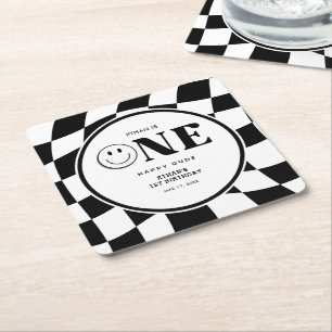 One Happy Dude Happy Face Boy 1st Birthday  Square Paper Coaster