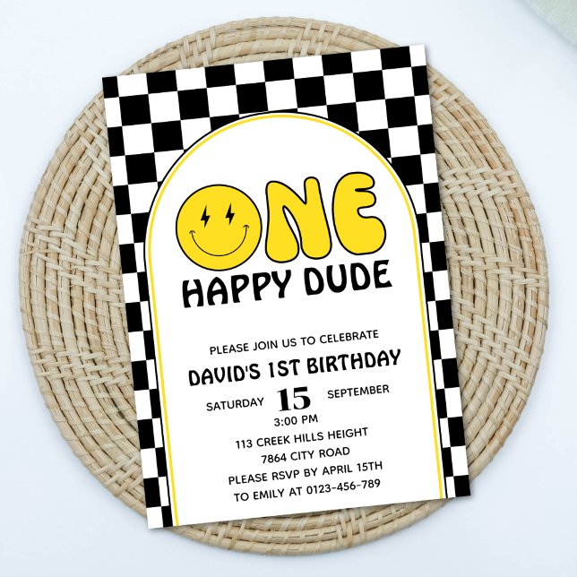 One Happy Dude Happy Face Boy Birthday Retro Invitation (Creator Uploaded)