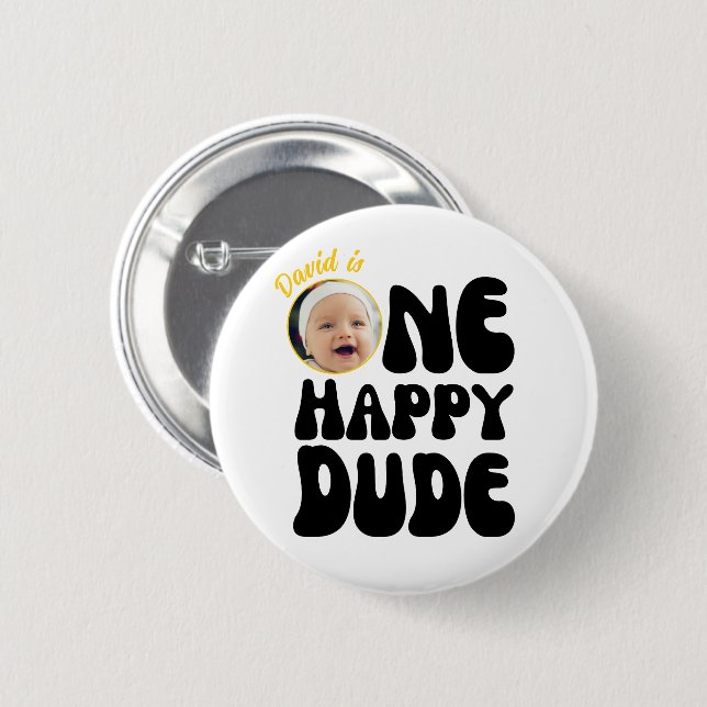 One Happy Dude Happy Face Boy Photo 1st Birthday  2 Inch Round Button (Front & Back)
