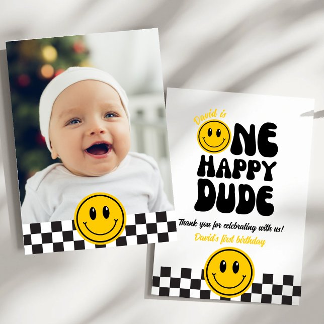 One Happy Dude Happy Face Photo Birthday Thank You Card (Creator Uploaded)
