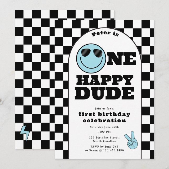 One Happy Dude Invite 1st First Birthday Cute Boy (Front/Back)