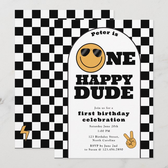 One Happy Dude Invite 1st First Birthday Cute Boy (Front/Back)