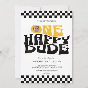 One Happy Dude Modern Checkerboard First Birthday Invitation