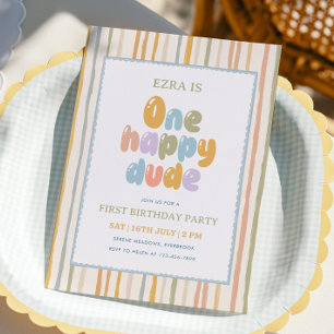 ONE Happy Dude Pastel Stripes 1st Birthday Invitation