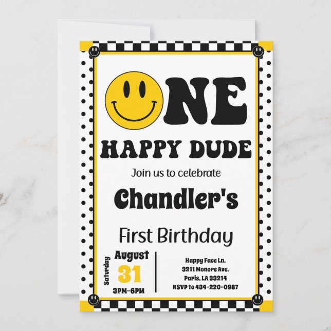 ONE Happy Dude Polka Dot Smiley Face 1st Birthday Invitation (Front)