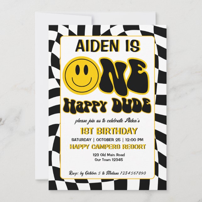One happy dude retro checkers 1st birthday party invitation (Front)