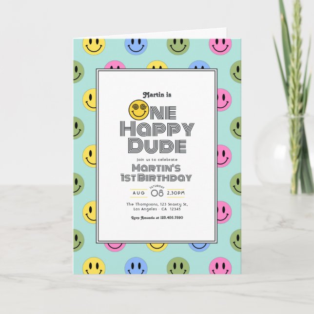"One Happy Dude" Retro Smile 1st Birthday Party Invitation (Front)