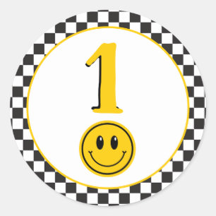 One Happy Dude Smile Emoji Chequered First Birthda Classic Round Sticker