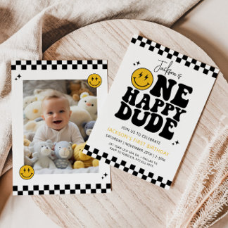 ONE HAPPY DUDE Smile Face First Birthday  Invitation