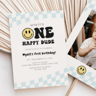 One Happy Dude Smiley Chequered 1st Birthday Invitation