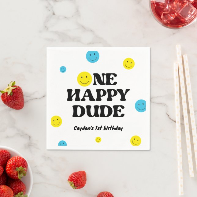 One Happy Dude Smiling Face Birthday Party Napkin (Insitu)