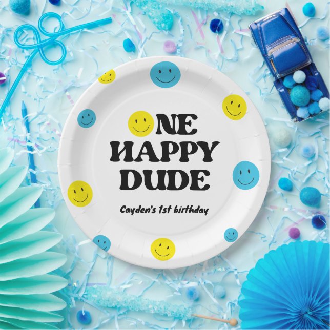 One Happy Dude Smiling Face Birthday Party Paper Plate (Party)