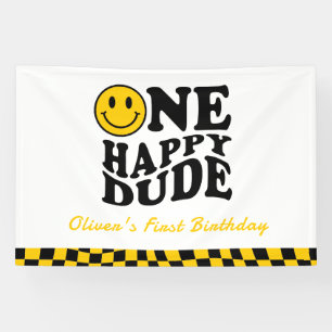 One Happy Dude Wavy Happy Smile Boy 1st Birthday  Banner