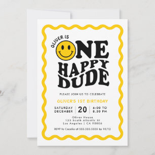 One Happy Dude Yellow Happy Face Boy 1st Birthday Invitation
