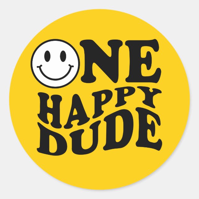 One Happy Dude Yellow Preppy Smile First Birthday  Classic Round Sticker (Front)