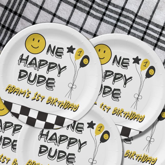 One Happy Dude Yellow Smile First 1st Boy Birthday Paper Plate (Creator Uploaded)