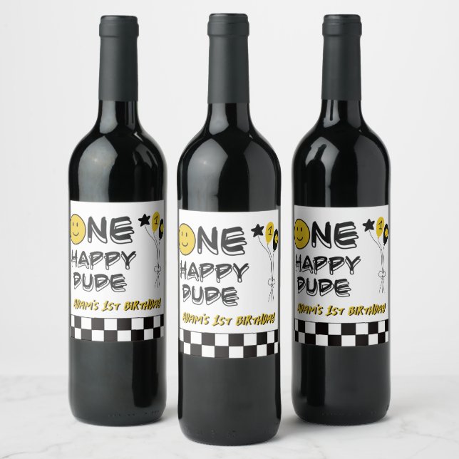 One Happy Dude Yellow Smile First 1st Boy Birthday Wine Label (Bottles)