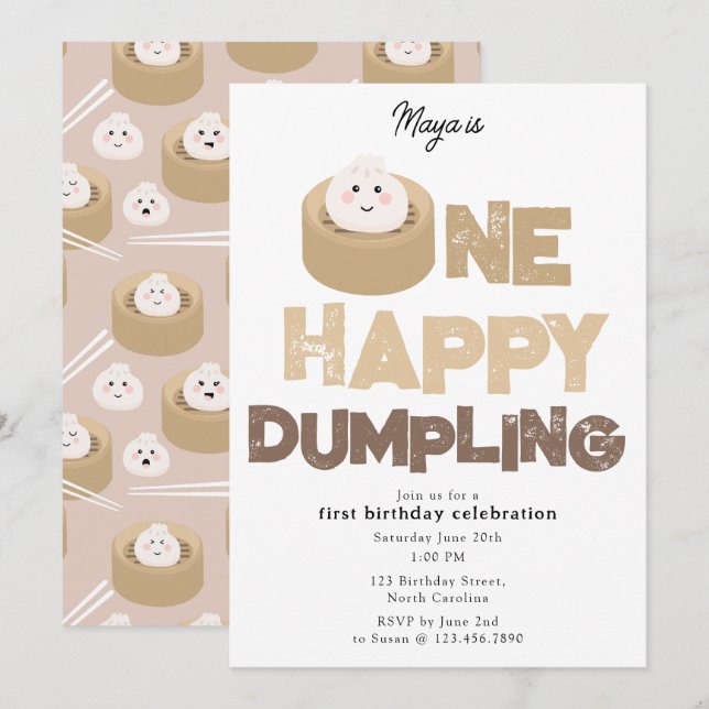 One Happy Dumpling Invite 1st  First Birthday Cute (Front/Back)