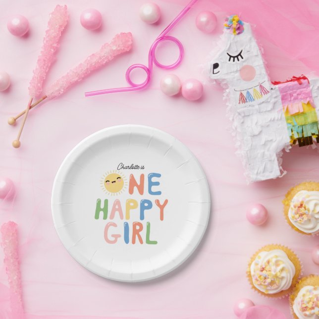 One Happy Girl Birthday Invite 1st Birthday Sun Paper Plate (Party)