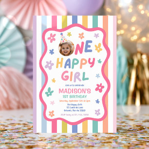 One Happy Girl Colourful Pastel 1st Birthday Party Invitation