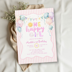 One Happy Girl Pastel Balloons Sun 1st Birthday Invitation