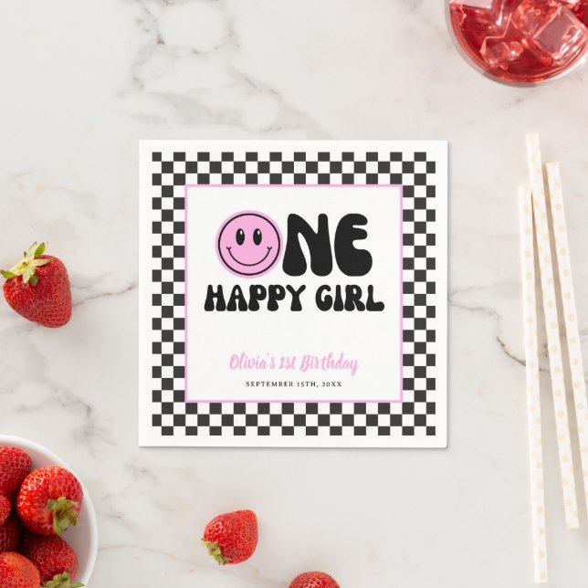 One Happy Girl Pink Happy Face Birthday Napkin (Insitu)