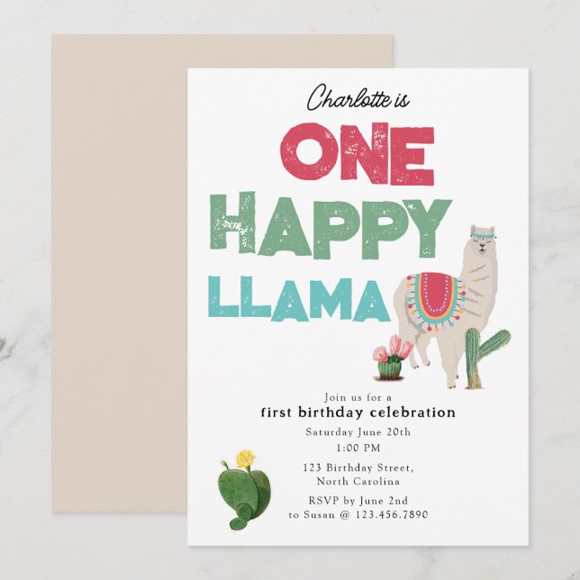 One Happy Llama Invite 1st Girl Birthday (Front/Back)