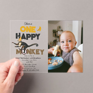 One Happy Monkey Cute 1st First Birthday Photo Acrylic Invitations