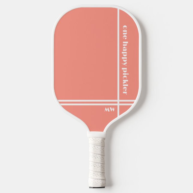 One Happy Pickler Pink White Initials Funny Pickleball Paddle (Front)