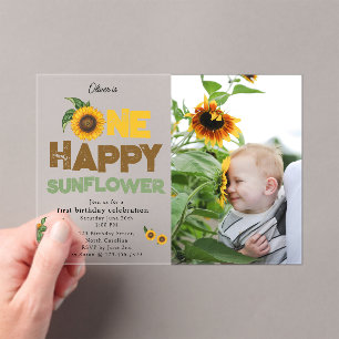 One Happy Sunflower 1st Summer Birthday Photo Acrylic Invitations