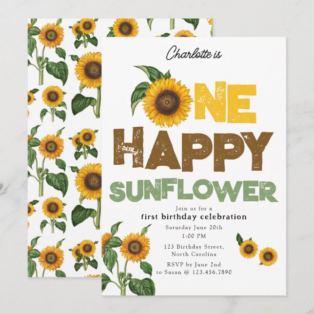 One Happy Sunflower Invite 1st Summer Birthday (Front/Back)
