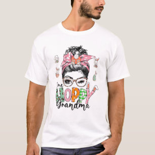 One Hoppy Grandma , Messy Bun Grandma Bunny Easter T-Shirt