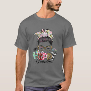 One Hoppy Grandma Messy Bun Hair Happy Easter Day T-Shirt