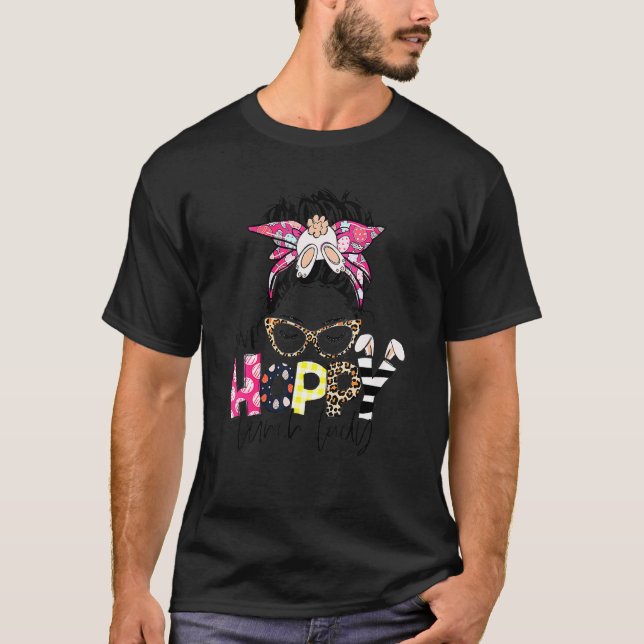 One Hoppy Lunch Lady Leopard Messy Bun Easter Day  T-Shirt (Front)