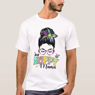One Hoppy Mama Bunny Easter Day Messy Bun Leopard T-Shirt