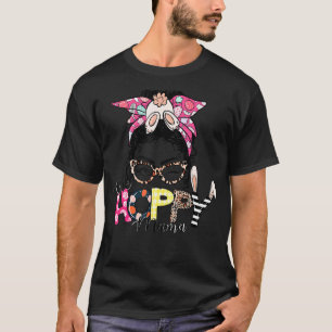 One Hoppy Mama Messy Bun Leopard Happy Easter Mom T-Shirt