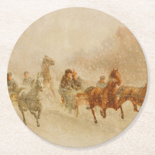 One Horse Open Sleigh Race Christmas Round Paper Coaster