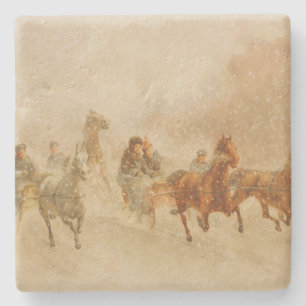 One Horse Open Sleigh Race Christmas Stone Coaster