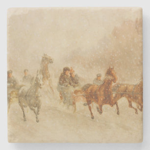 One Horse Open Sleigh Race Christmas Stone Coaster