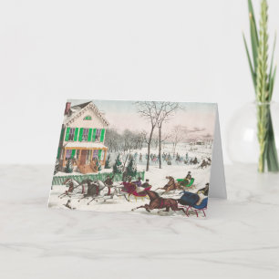 One Horse Open Sleigh Race Vintage Christmas Card