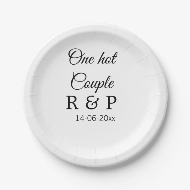 One hot add couple name initial letter text date paper plate (Front)