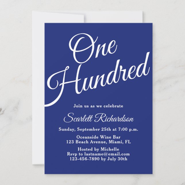 One Hundred Script Navy Blue 100th Birthday Party Invitation (Front)