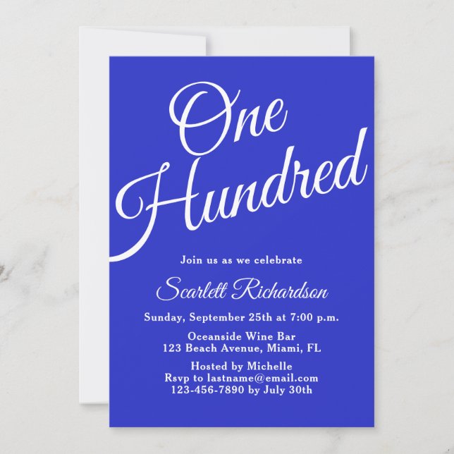 One Hundred Script Royal Blue 100th Birthday Party Invitation (Front)