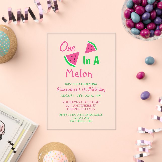 One In A Melon 1st Birthday Acrylic Invitations (Insitu (Celebration))
