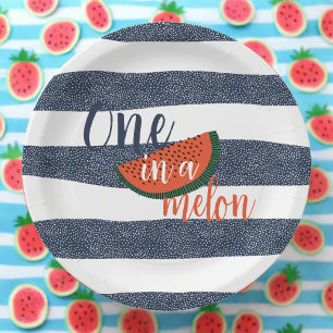 One in a Melon 1st Birthday Baby Boy Blue Striped Paper Plate