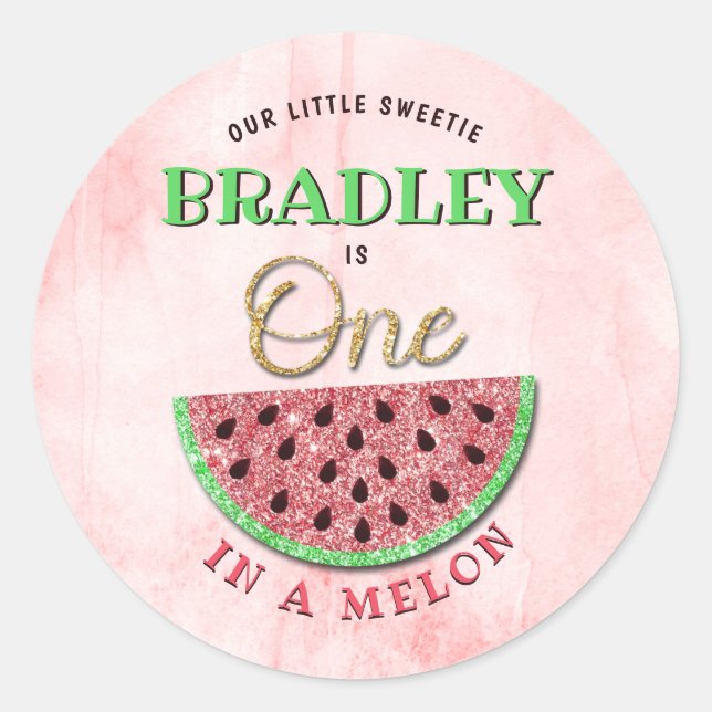 One In A Melon 1st Birthday Classic Round Sticker (Front)