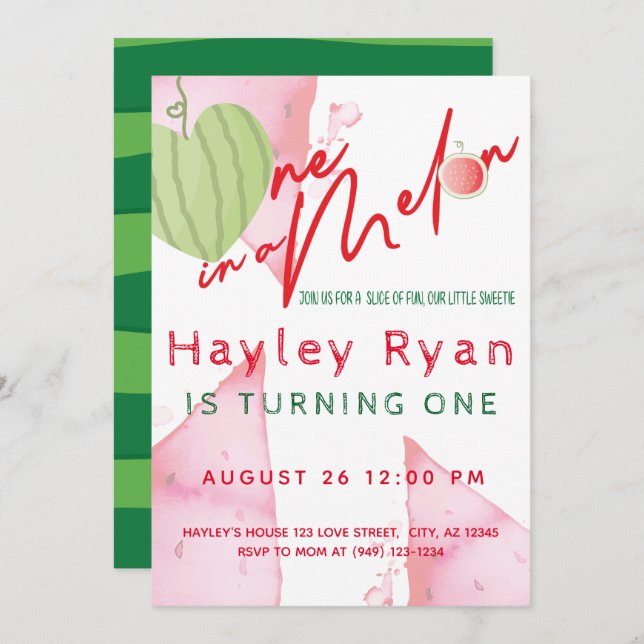 One In a Melon 1st Birthday Invitation (Front/Back)