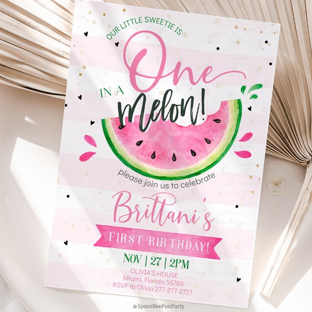 One In A Melon 1st Birthday Invitation (watermelon birthday invitation, one in a melon, first birthday invitation, summer birthday party, wa)