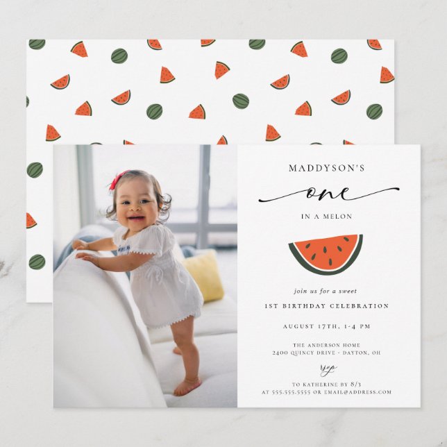 One In A Melon 1st Birthday Party Photo Invitation (Front/Back)