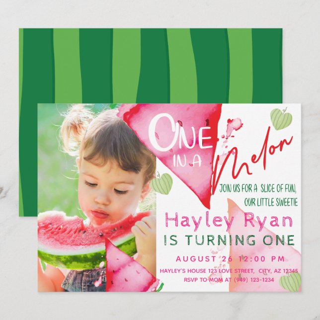 One In a Melon 1st Birthday Photo Invitation (Front/Back)